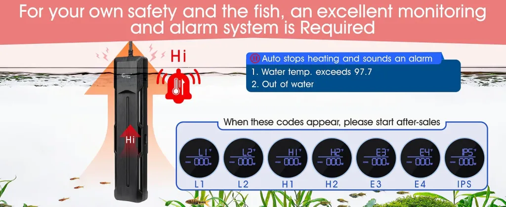 Hygger aquarium heater with safety monitoring system showing temperature alerts and error codes for water safety