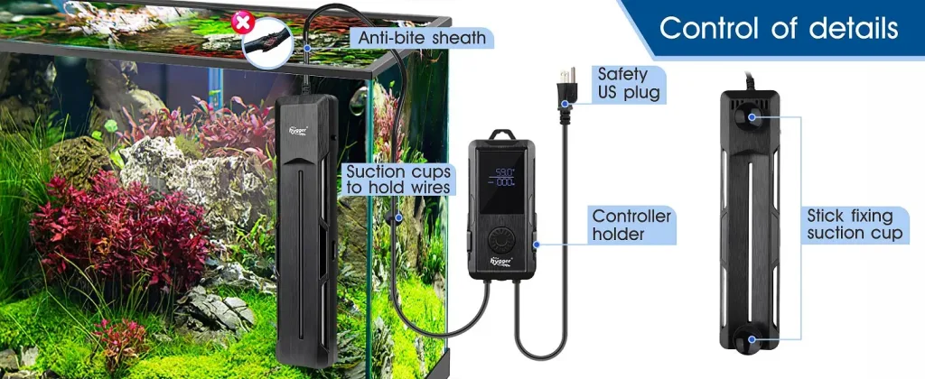 Hygger aquarium heater with anti-bite sheath, suction cups, and US plug for safe control