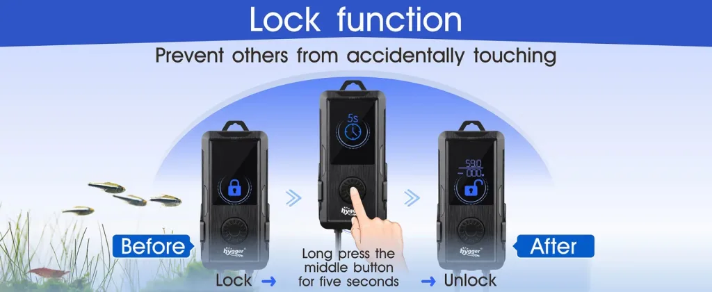 Hygger aquarium heater lock function: prevent accidental touching with 5s lock/unlock process