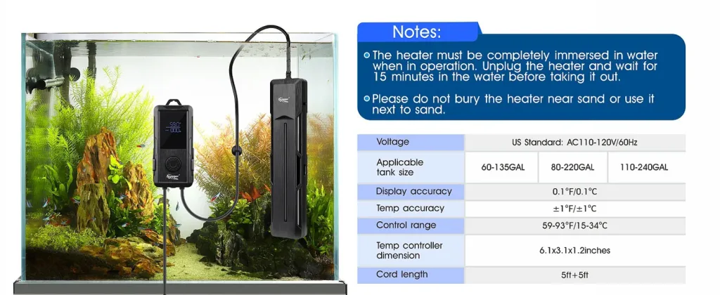 Hygger aquarium heater with digital display and control, showing tank setup with plants and fish, accompanied by technical sp