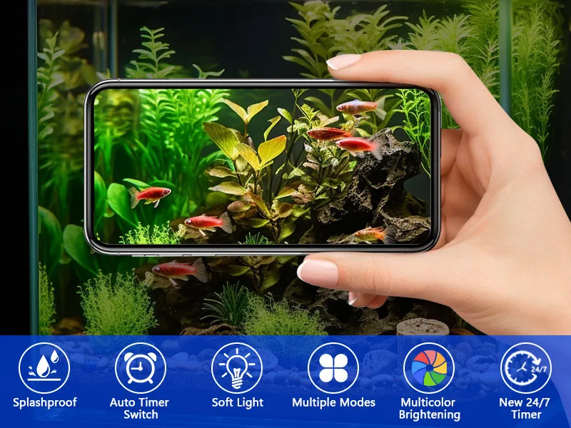 Hygger aquarium with vibrant fish, lush plants, and smart features like splashproof and auto timer switch on smartphone displ