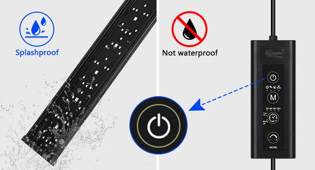 Hygger aquarium LED strip with splashproof design and power button control, not waterproof.
