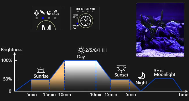 Hygger aquarium lighting schedule showing sunrise, day, sunset, night, and moonlight phases with adjustable brightness settin