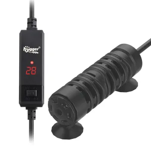 Hygger aquarium heater with digital display showing 28°C, adjustable temperature range 15°C-34°C (59°F-93°F), and control uni