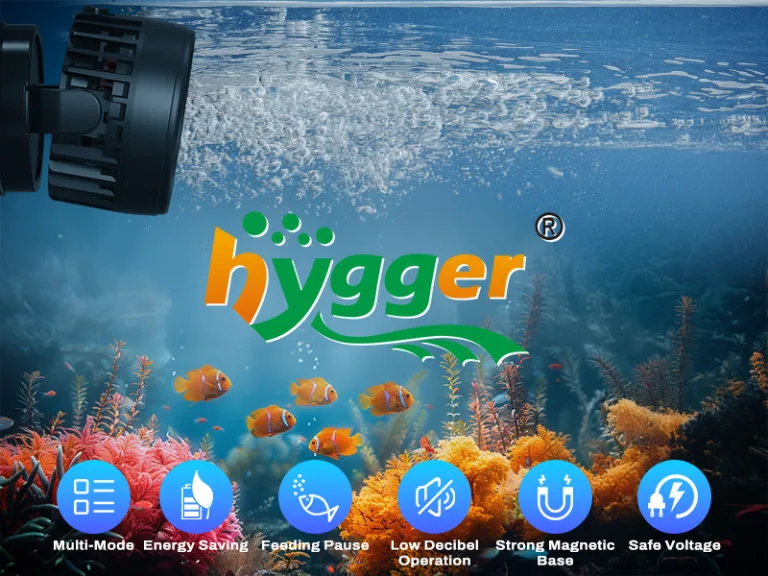 Hygger aquarium pump with fish and coral underwater, featuring multi-mode, energy-saving, and safe voltage options.