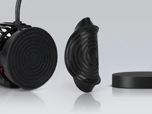 Black hygger aquarium air pump with circular design and visible motor, showcasing product details for aquarium maintenance.