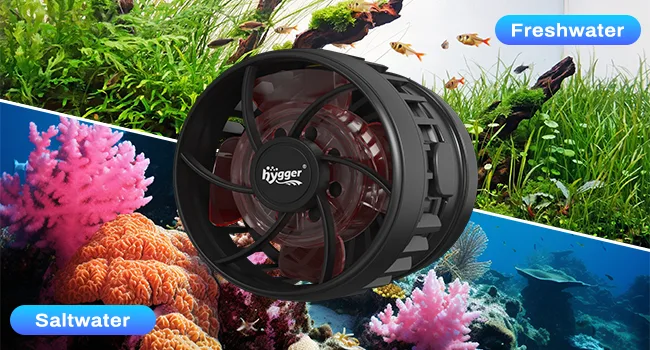 Hygger aquarium pump for freshwater and saltwater tanks, featuring dual-use design with coral and fish background