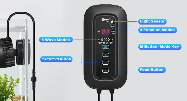 Hygger aquarium controller with light sensor, 4 wave modes, M button, and feed button for smart fish tank management