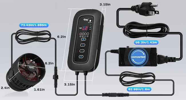 Hygger aquarium equipment set with pump, controller, and power adapter with dimensions labeled