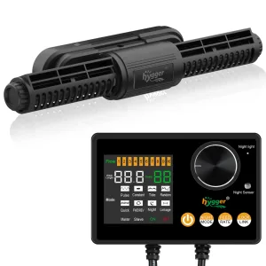Hygger aquarium pump with digital control panel showing flow rate, feed settings, and night light sensor for aquarium water c