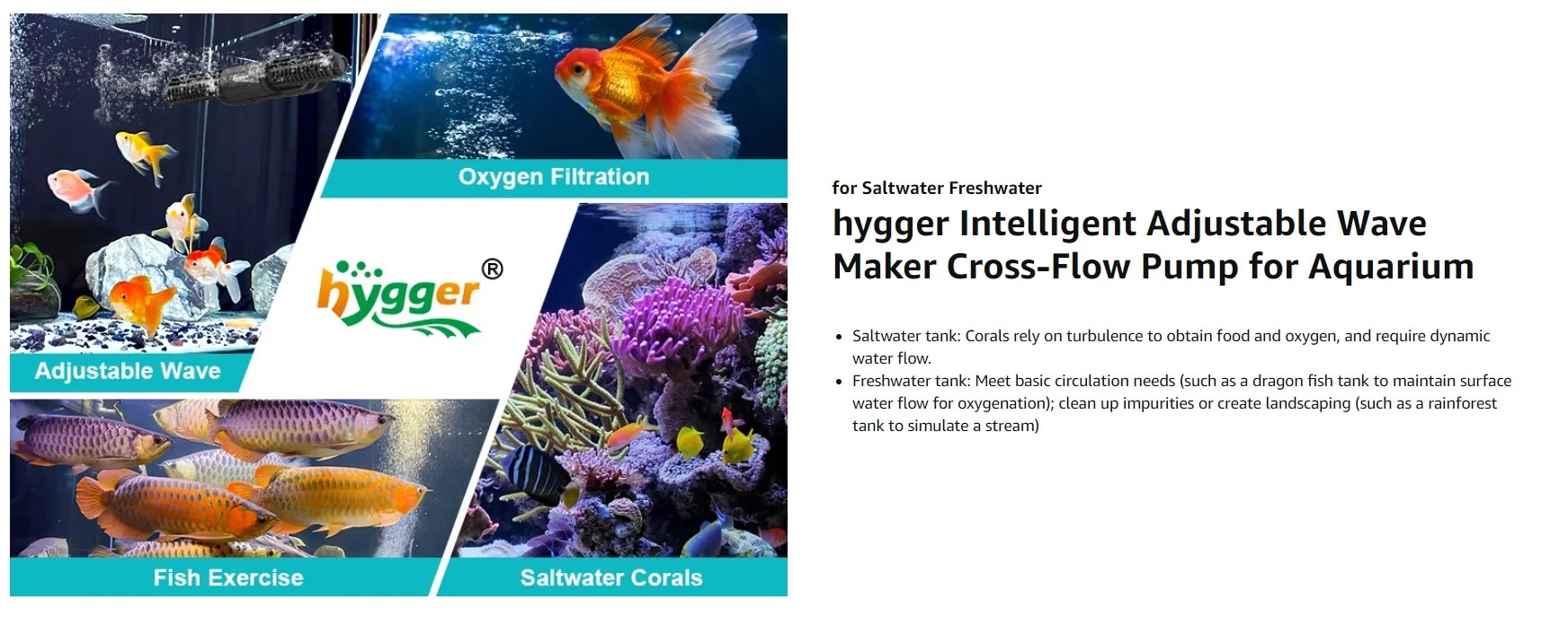 hygger Intelligent Adjustable Wave Maker Cross-Flow Pump for Saltwater and Freshwater Aquariums with Oxygen Filtration and Fi