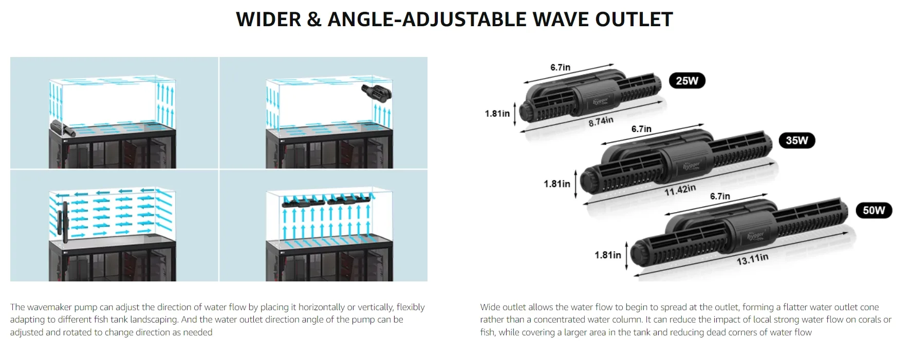 Hygger aquarium wavemaker pump with adjustable wave outlet, showing horizontal/vertical placement and water flow direction fo