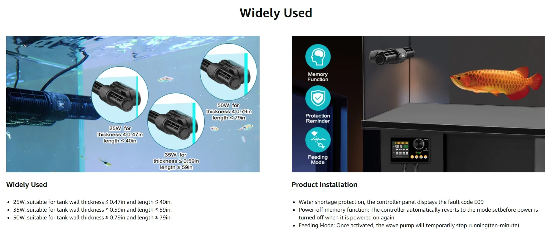 Hygger aquarium wave pump with power-off memory, feeding mode, and tank compatibility guide for 25W, 35W, 50W models