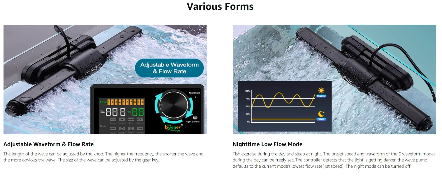 Hygger aquarium wave pump with adjustable waveform and flow rate control panel, showing water movement and night mode setting