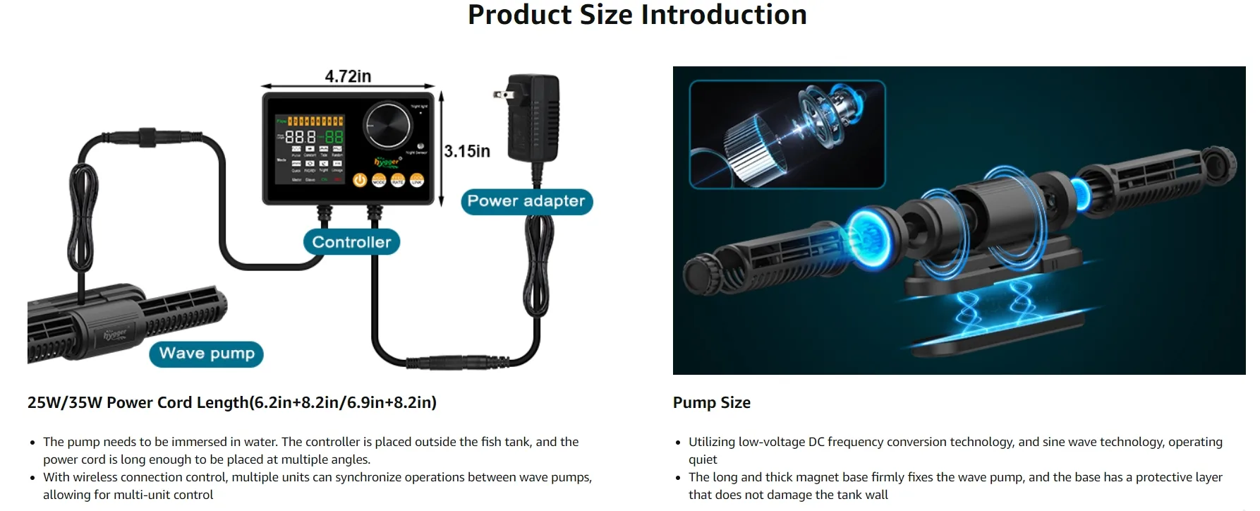 Hygger aquarium wave pump with controller and power adapter, showing product dimensions and features for 25W/35W models