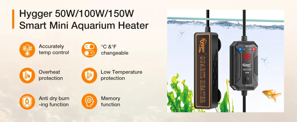 Hygger 50W/100W/150W Smart Mini Aquarium Heater with temperature control, overheat protection, and memory function for fish t