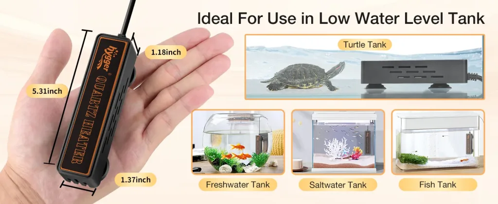 Hygger aquarium heater for low water level tanks, shown with dimensions and usage in turtle, freshwater, saltwater, and fish
