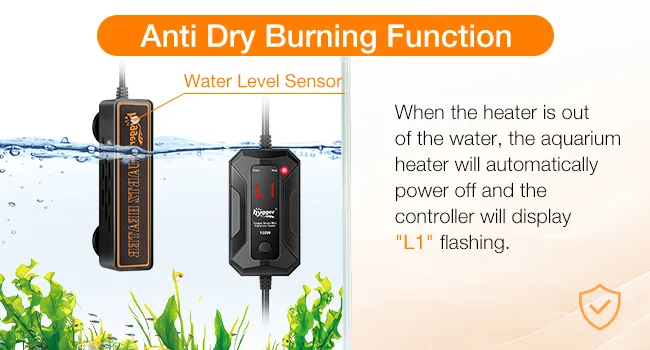 Hygger aquarium heater with anti dry burning function, water level sensor, and L1 flashing indicator when out of water.