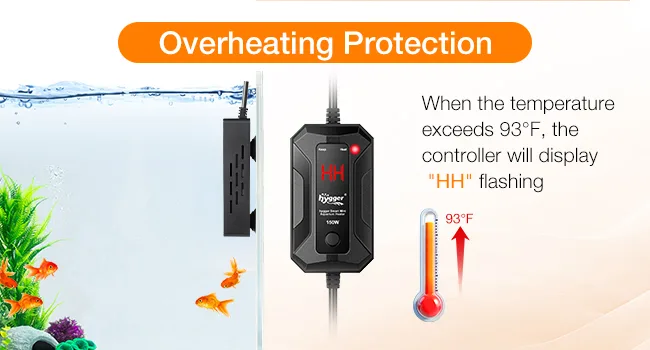 Hygger aquarium heater with overheating protection, displaying 'HH' when temperature exceeds 93°F