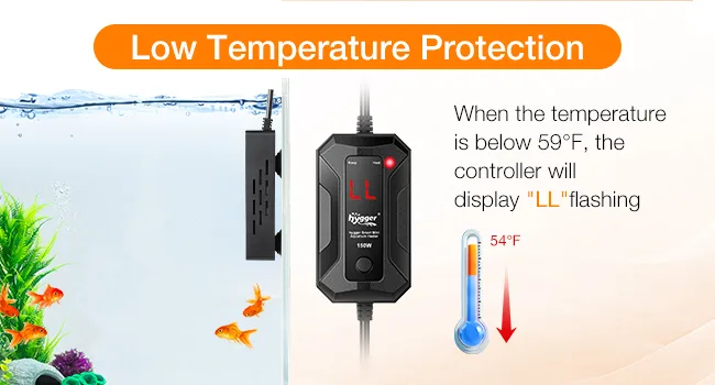 Hygger aquarium heater with low temperature protection, displaying 'LL' flashing below 59°F, featuring fish tank and thermome