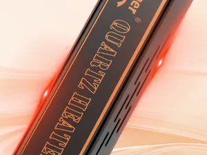 Close-up of Hygger Quartz Heater with glowing red accents and gold text on black body, showcasing product design for aquarium