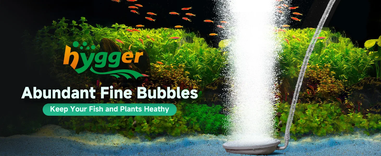Hygger aquarium air pump creating abundant fine bubbles for healthy fish and plants in a lush planted tank with colorful fish