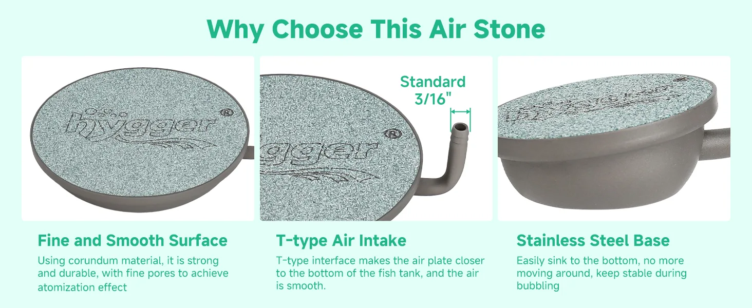 Hygger air stone with fine smooth surface, T-type air intake, and stainless steel base for aquarium use