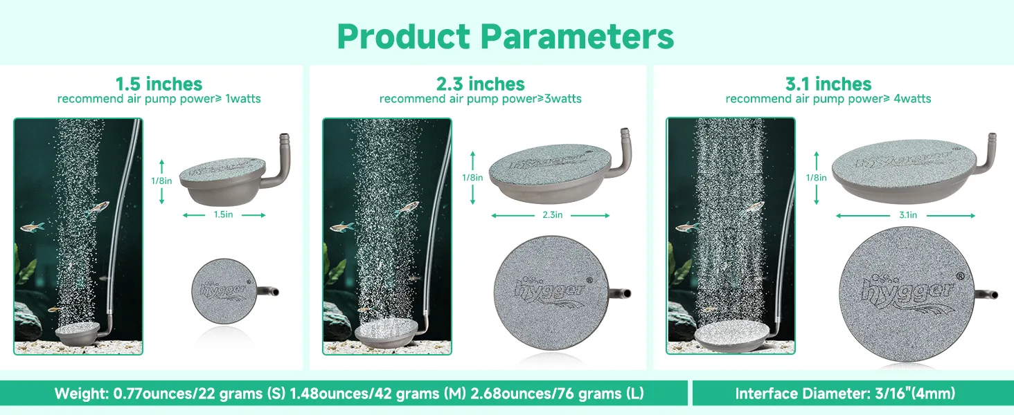 Hygger aquarium air stone set with three sizes: 1.5in, 2.3in, 3.1in. Recommended air pump power: 1W, 3W, 4W. Weight: 22g, 42g