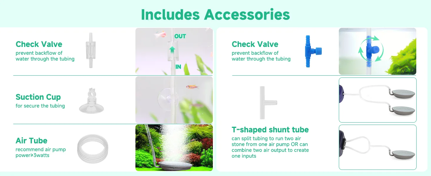 Hygger aquarium accessories: check valve, suction cup, air tube, and T-shaped shunt tube for water flow control and tubing se