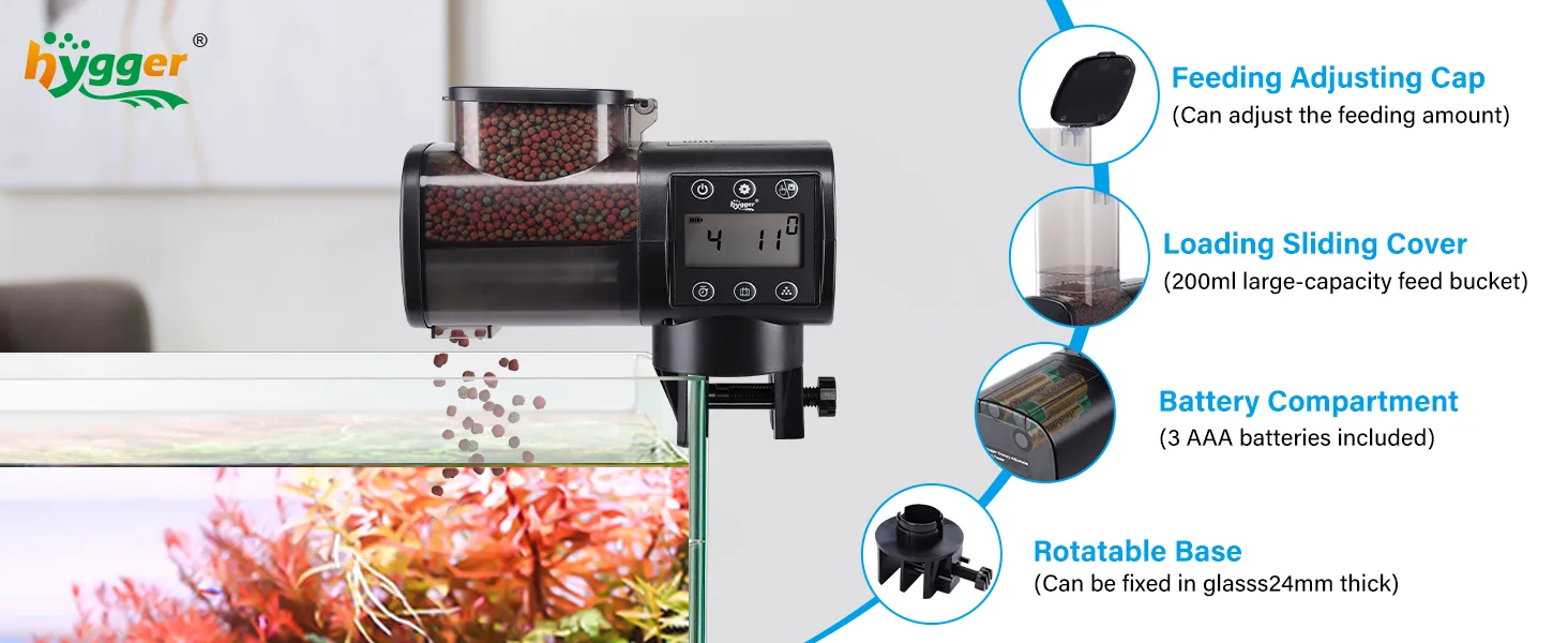 Hygger automatic fish feeder with adjustable feeding cap, 200ml loading cover, battery compartment, and rotatable base for aq