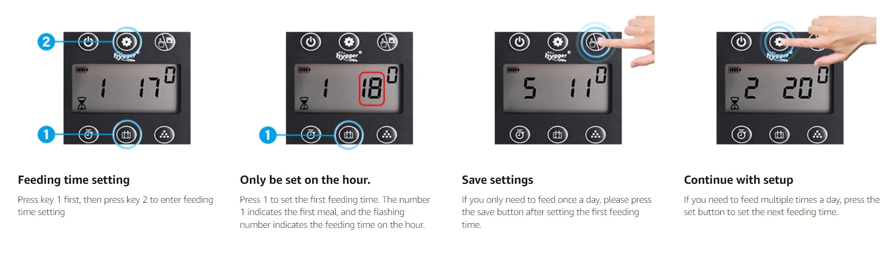 Step-by-step guide for setting feeding times on Hygger aquarium feeder with icons and instructions