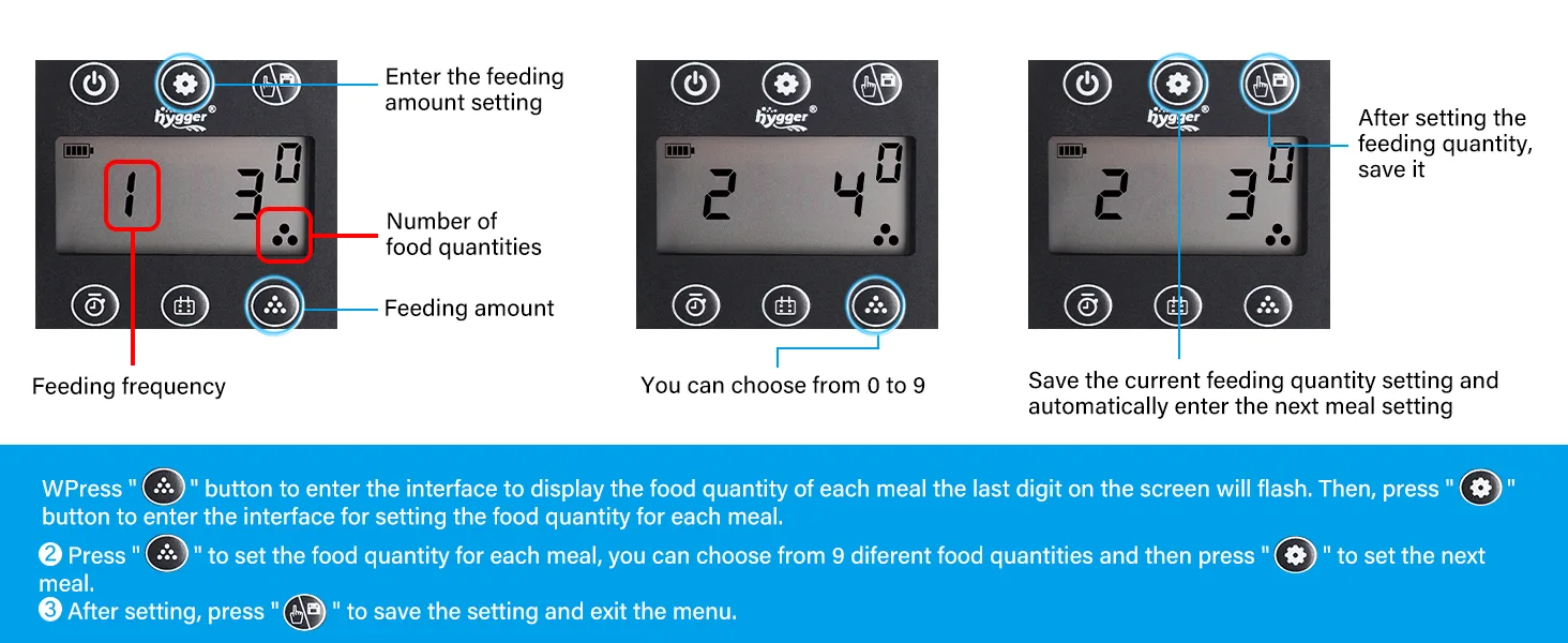 Hygger aquarium feeder settings guide: adjust feeding frequency, quantity, and save settings with step-by-step instructions.