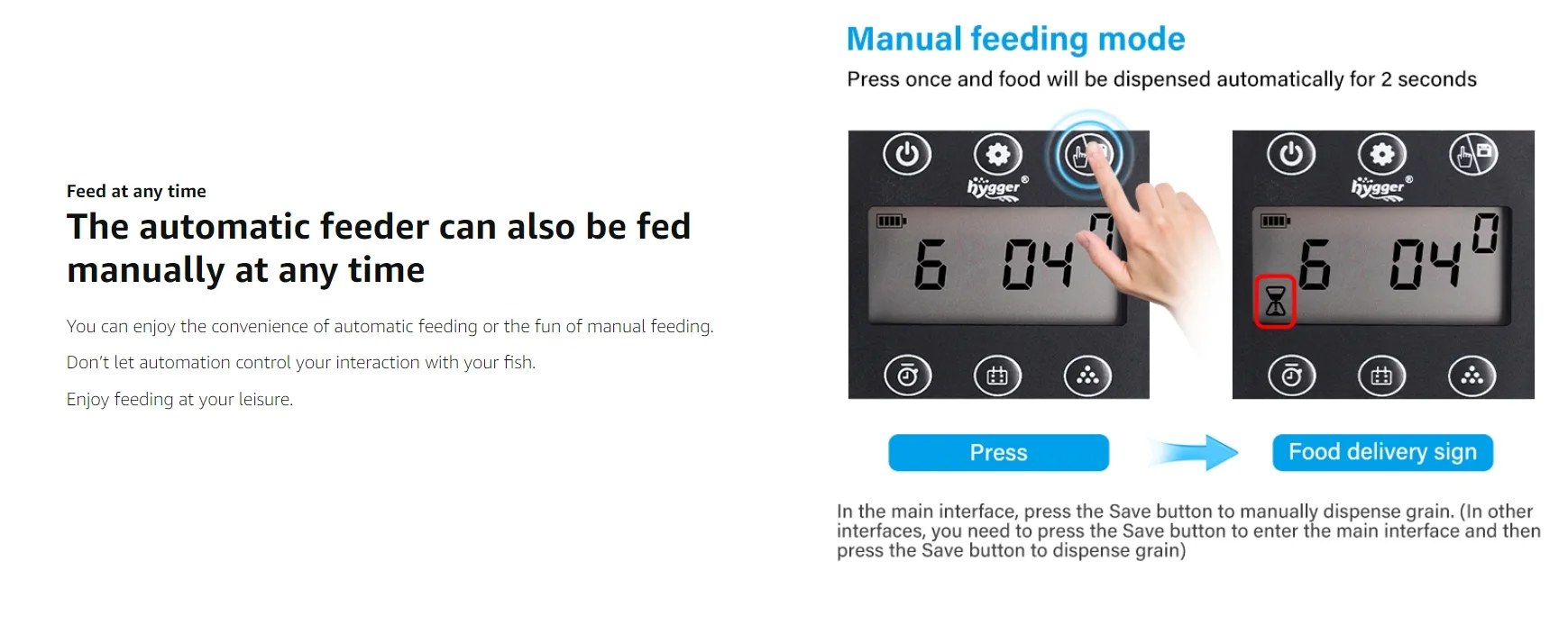 Hygger automatic feeder manual feeding mode: press button to dispense food for 2 seconds