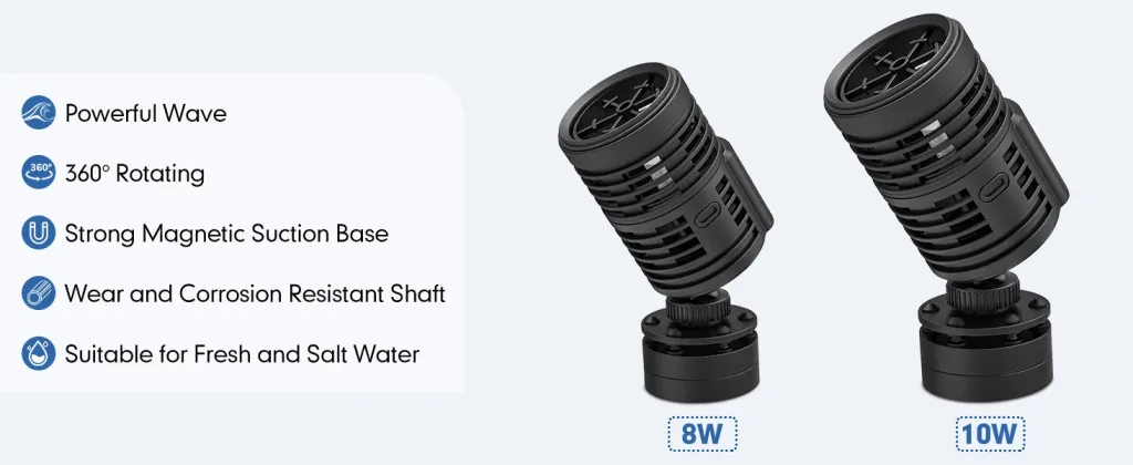 Hygger aquarium wave maker with 8W and 10W models, featuring powerful wave, 360° rotating, magnetic suction base, corrosion-r
