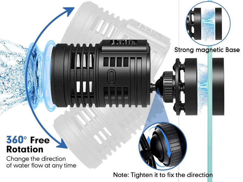 Hygger aquarium water pump with 360° free rotation and strong magnetic base for adjustable water flow direction