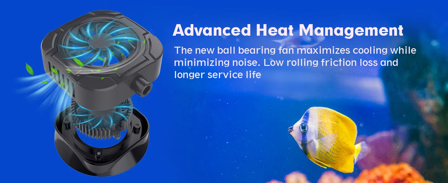 Hygger aquarium pump with advanced heat management, ball bearing fan for quiet cooling and long service life, fish tank equip