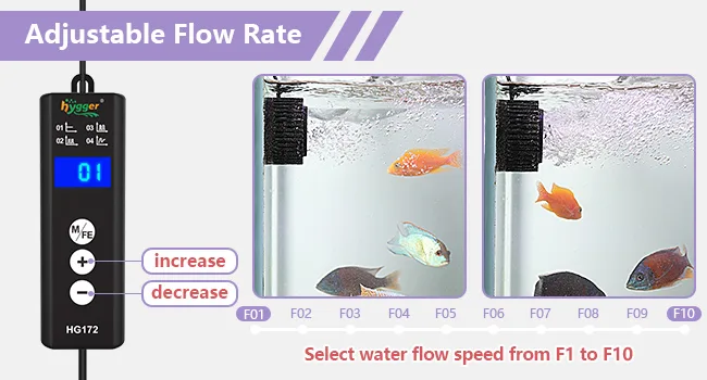 Hygger aquarium water flow controller with adjustable flow rate settings from F1 to F10, showing fish in tank with control pa