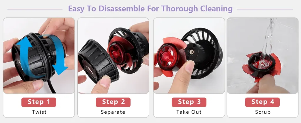 Step-by-step guide to disassemble and clean a hygger aquarium filter with four simple steps: twist, separate, take out, scrub