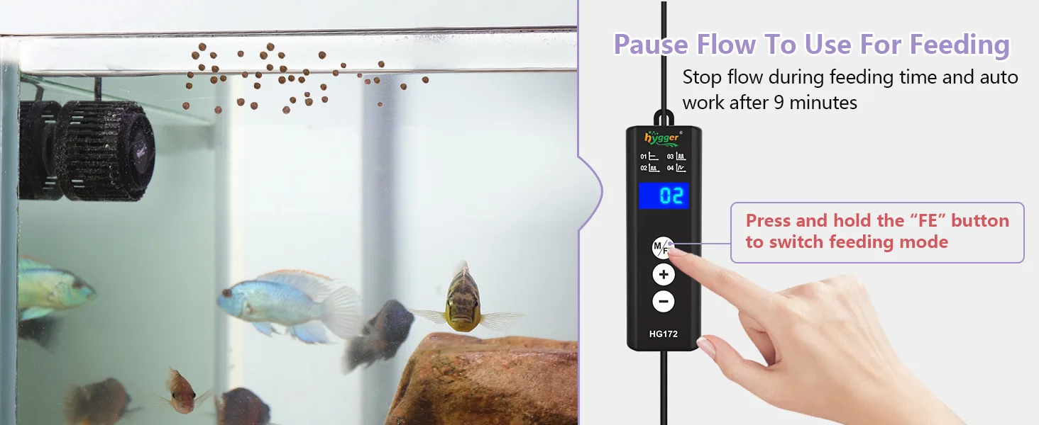 Hygger aquarium filter control device with feeding mode, showing fish tank and hand pressing FE button to pause flow for feed