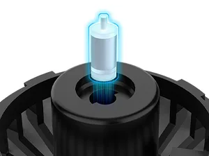 Close-up of Hygger aquarium's internal component with glowing blue LED light and black circular base