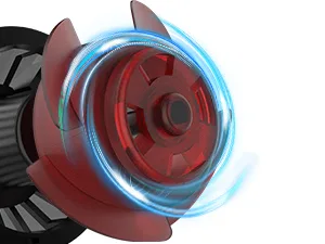 Red and blue rotating aquarium filter with glowing rings, designed for efficient water circulation and filtration in home aqu