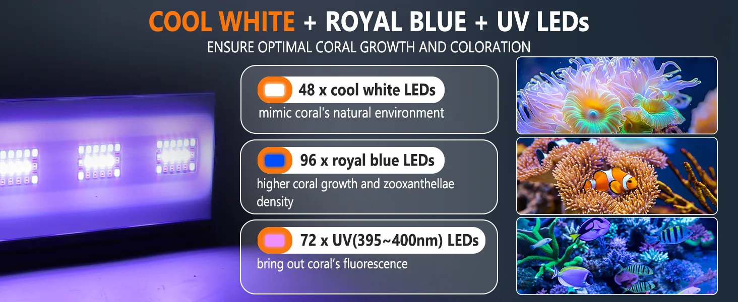 Hygger aquarium LED lighting system with cool white, royal blue, and UV LEDs for coral growth and coloration