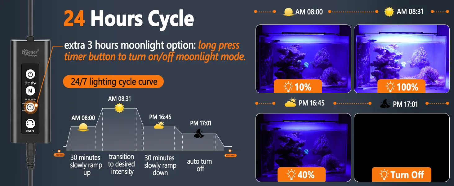 Hygger aquarium timer with 24-hour lighting cycle, moonlight mode, and 40% brightness setting for coral reef tanks.