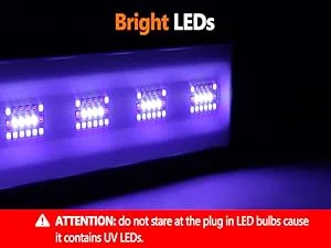 Bright LED aquarium lighting with UV warning. Blue LED strips emitting light, cautioning against staring at plug-in bulbs due
