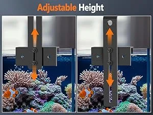 Adjustable height aquarium stand with orange arrows showing height adjustment mechanism for coral reef tank