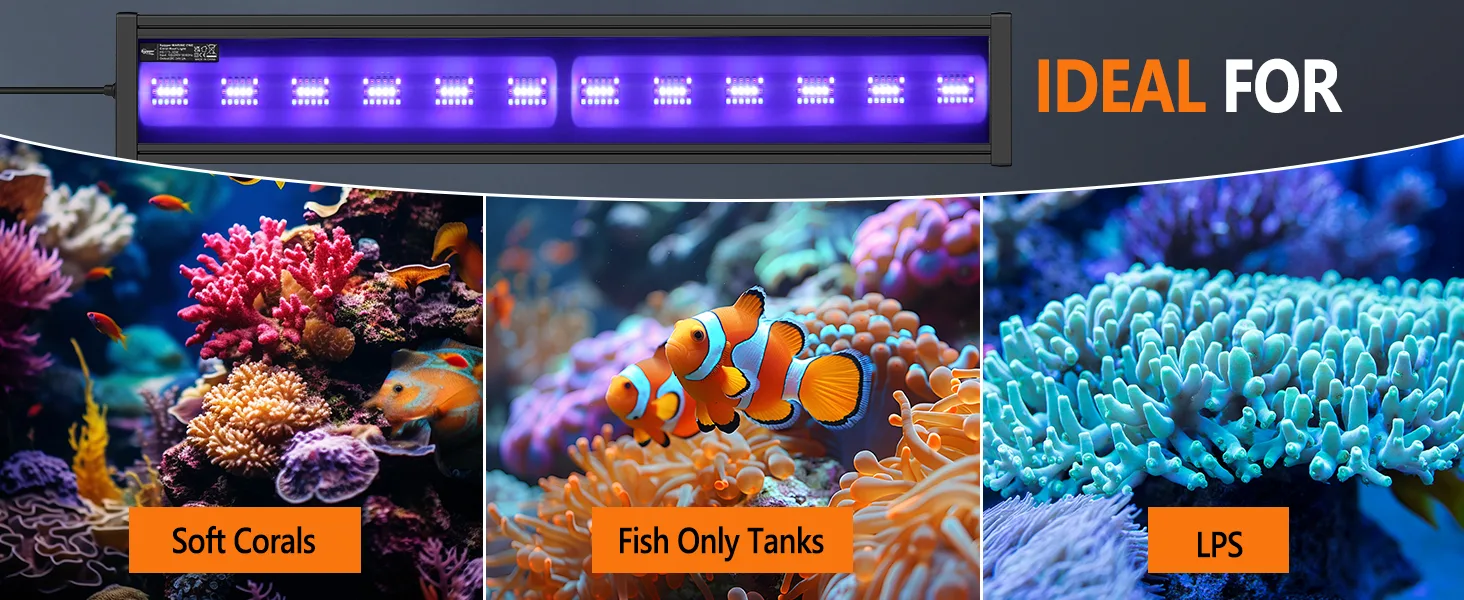 Hygger LED aquarium light bar for soft corals, fish only tanks, and LPS with vibrant underwater scenes