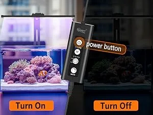 Hygger aquarium controller with power button, turn on/off labels, and coral tank display