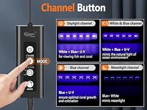Hygger aquarium channel button with mode settings for blue, white, and UV lighting options to enhance fish health and coral g