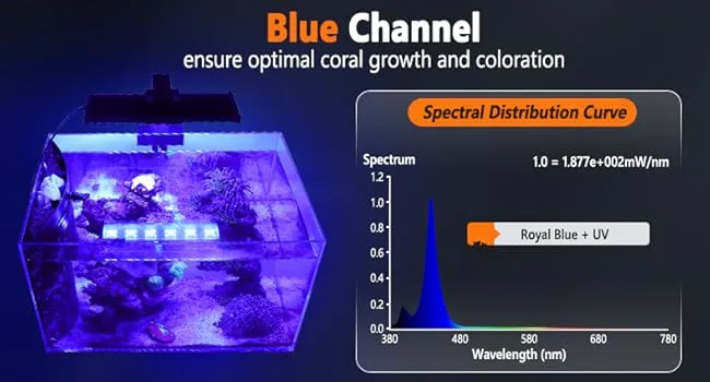 Hygger Blue Channel aquarium lighting system with coral growth and spectral distribution curve