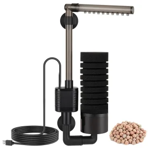 Hygger aquarium filter system with sponge media, USB power cable, and ceramic balls for efficient water purification and circ